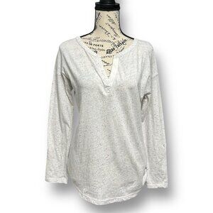 T by Talbots S Gray Speckled Cotton Split Neck Henley Roll Tab Sleeves Casual